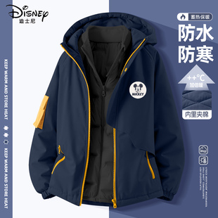 迪士尼男童加绒外套2025新款男孩夹棉加厚棉服轻薄羽绒服儿童冬装