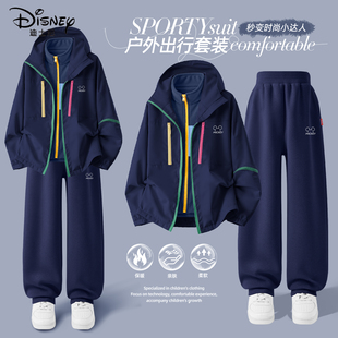 迪士尼男童加绒套装2025新款帅气男孩户外运动潮流软壳衣儿童冬装