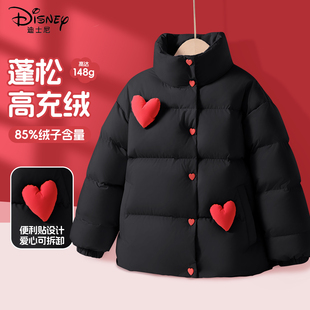 迪士尼女童羽绒服黑色时尚小女孩冬季一体绒上衣2025新款儿童冬装