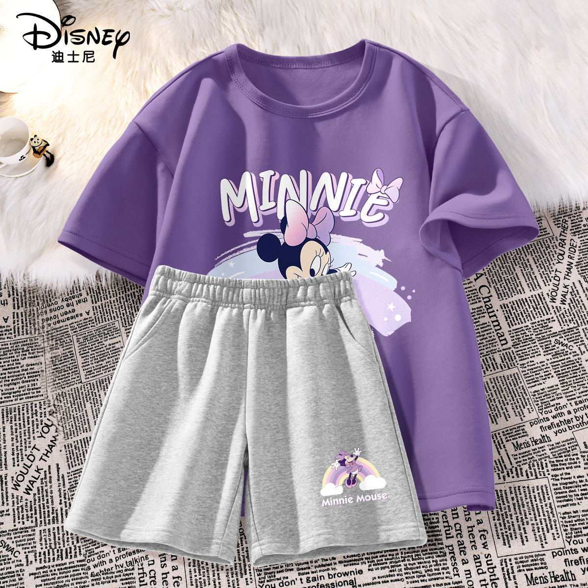 迪士尼女童运动套装夏季2026新款纯棉紫色短袖短裤儿童夏装运动服