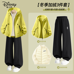 迪士尼女童加绒套装2025新款三合一一体绒保暖户外休闲装儿童冬装