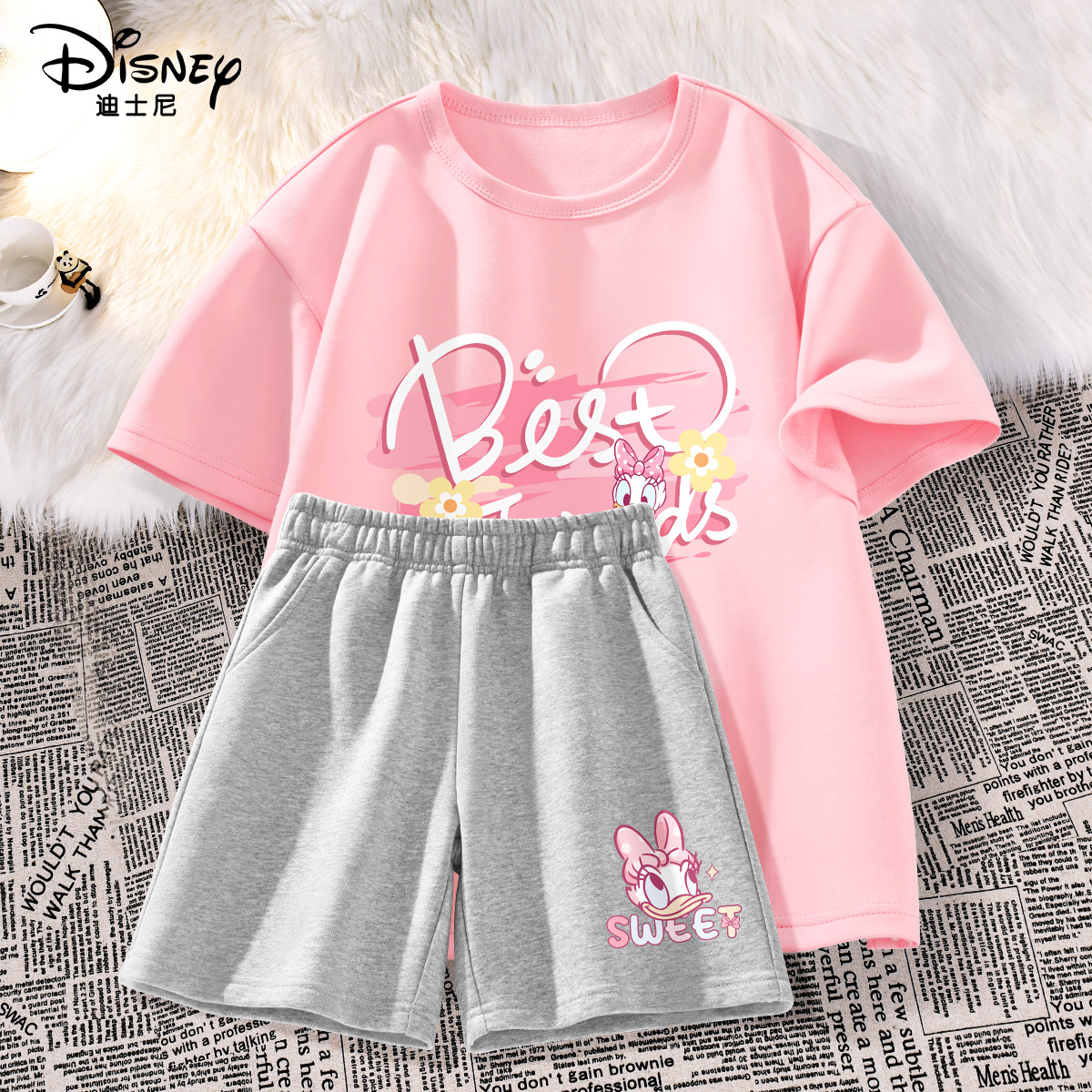 迪士尼女童套装夏季薄款2026新款纯棉宽松短袖t恤儿童夏装短裤女