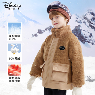 迪士尼男童羽绒服2026新款中大童冬季防寒保暖卡其色外套儿童冬装