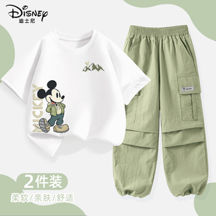 迪士尼男童夏套装2026新款夏季男孩纯棉短袖帅气时髦儿童夏装裤子