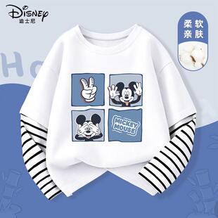 迪士尼男童长袖t恤春秋款2026新款纯棉白色假两件上衣儿童打底衫