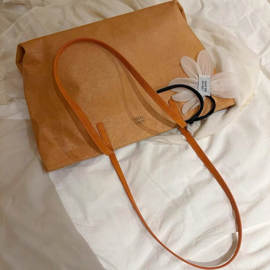 Chio2nd原创 温澜夏花托特包包女通勤简约牛皮纸纹大容量单肩包