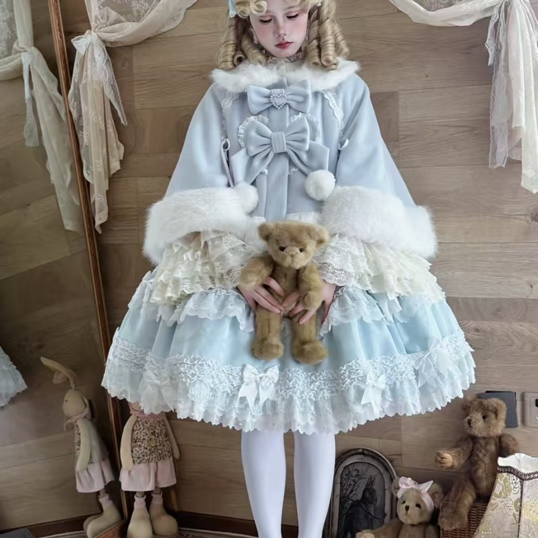 2025新款洛丽塔小雪球Lolita蝴蝶结毛绒外套秋冬斗篷日系甜美披风