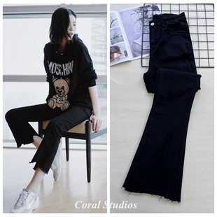 刘雯同款纯黑色九分微喇牛仔裤女秋季新款高品质不规则喇叭裤2022