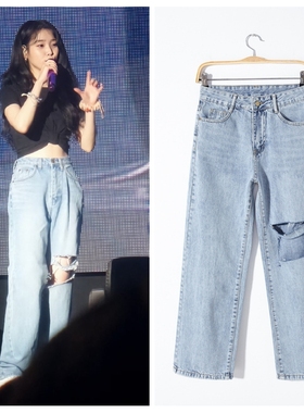 李知恩IU同款大腿破洞牛仔裤女高腰浅蓝色直筒宽松阔腿裤2022新款