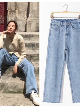 金智妮jennie同款牛仔裤女2022春季新款浅蓝色柔软直筒宽松阔腿裤