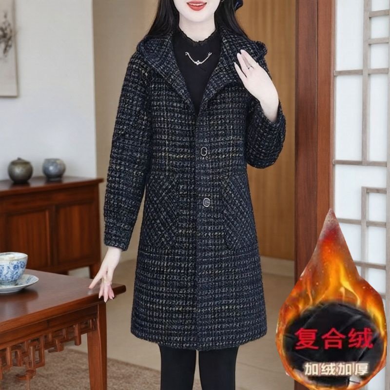 秋冬新款时尚减龄高级感毛呢外套女百搭显瘦中长款加绒加厚大衣女