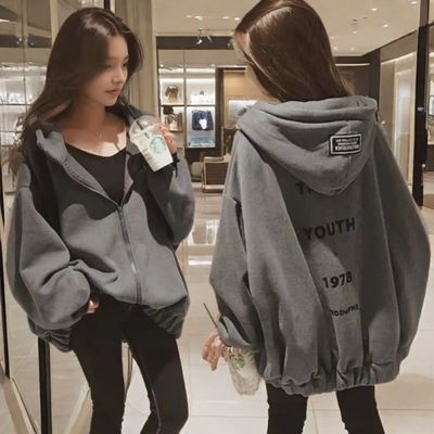 加绒加厚开衫外套女士秋冬季百搭韩版宽松棒球服大码休闲连帽卫衣