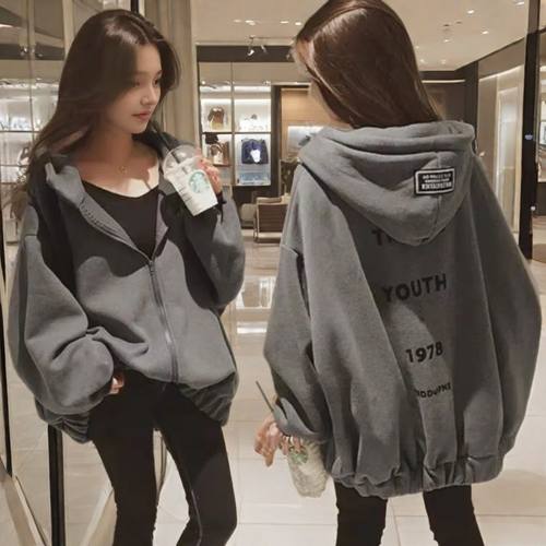 加绒加厚开衫外套女士秋冬季百搭韩版宽松棒球服大码休闲连帽卫衣