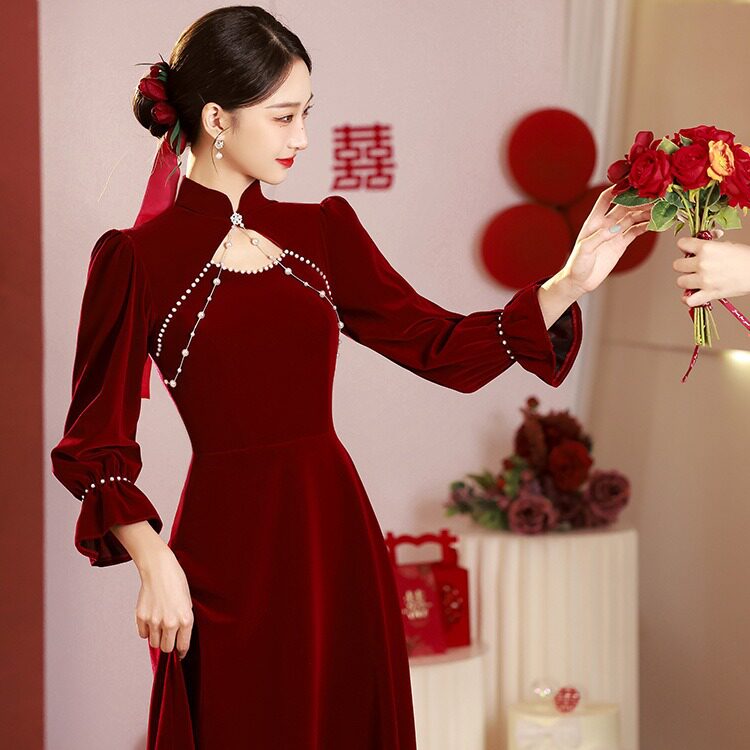 宴会敬酒服新娘旗袍秋冬2024新款订婚连衣裙冬天红色结婚礼服冬季