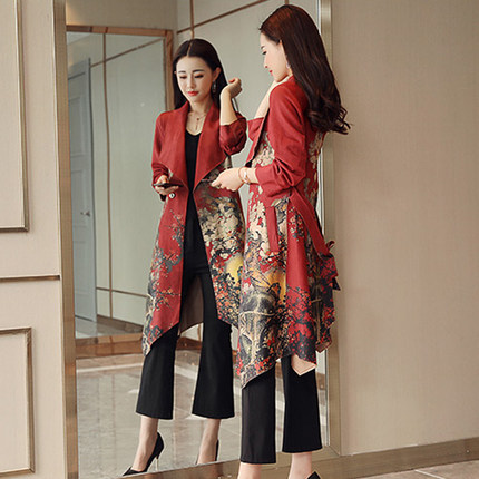 2018春秋新款优雅气质鹿皮绒印花风衣外套中