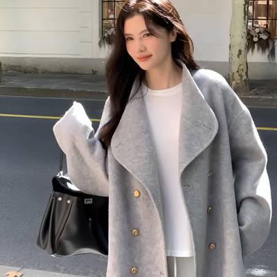 灰色双面羊绒大衣女中长款2025秋冬新款立领宽松高级感羊毛呢外套