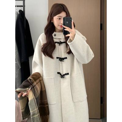 白色羊毛羊绒牛角扣大衣女2025新款冬季加厚中长款小个子毛呢外套