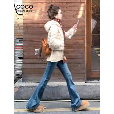 覆古蓝高腰微喇牛仔裤女2024秋冬新款加绒小个子显瘦马蹄喇叭裤子