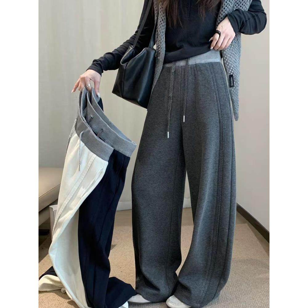 sommy375欧货2025冬装加绒加厚羊绒裤子女弯刀阔腿裤休闲卫裤长裤