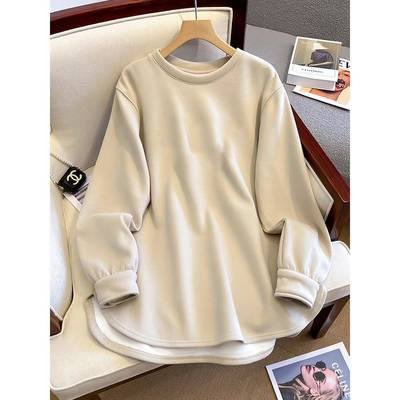 德绒打底衫女加绒加厚内搭秋冬季中长款磨毛t恤搭配鲨鱼裤的上衣