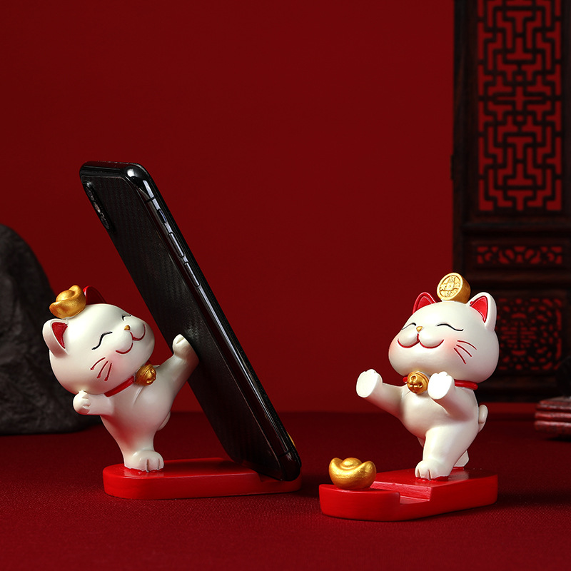 中式可爱招财猫国潮手机座桌面树脂手机支架平板ipad支撑创意摆件