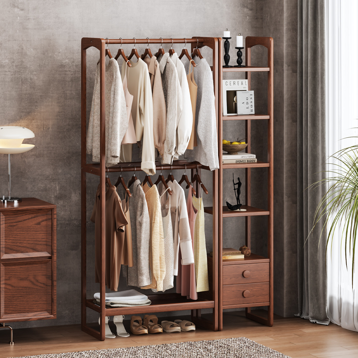 衣帽架组合家用卧室全实木落地挂衣架多层置物中古风收纳架带抽屉