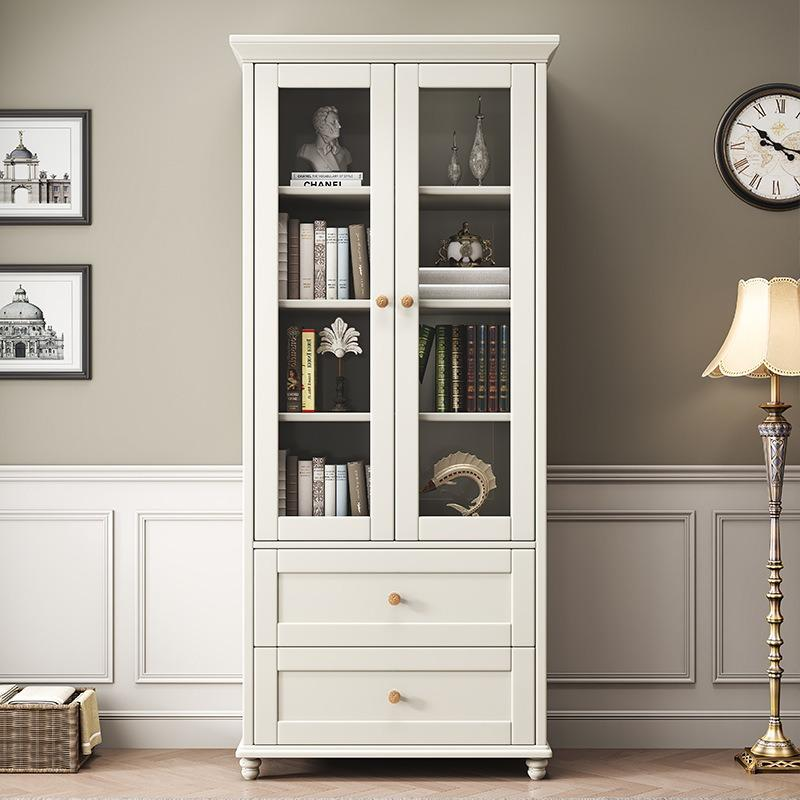 美式实木书柜带玻璃书橱三门落地书架文件柜自由组合展示柜陈列柜