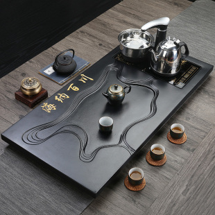 排水 家用茶盘石材茶台茶海功夫茶具办公室乌石头全自动电磁炉套装
