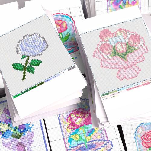 特价福利】多巴胺花朵五彩斑斓永生花像素风拼豆图纸可爱装饰贴