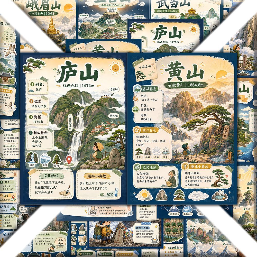 中国名山地图三山五岳雪山之巅中国地理知识图文并茂学习科普贴纸