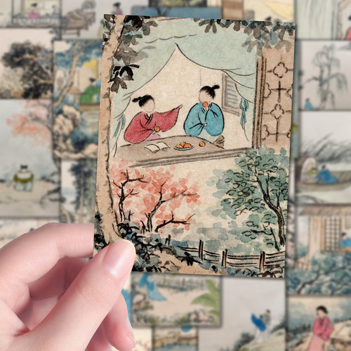 160张古风小人背景图小众简约国风古墨ins插画手账素材贴纸diy