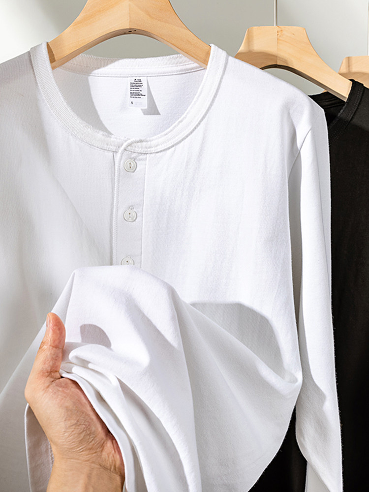 베이직 흑백 헤비 코튼 헨리 칼라 긴팔 티셔츠 가을 루즈 캐주얼 틈새 소프트 다재다능한 탑