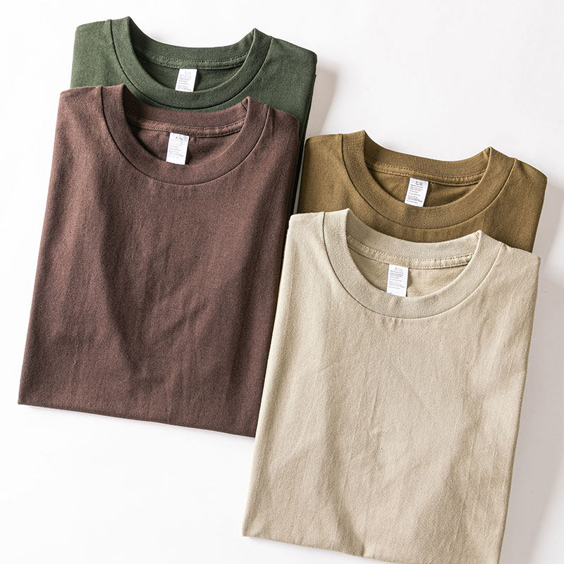 신강 코튼 헤비급 라운드 넥 반팔 티셔츠 일본 복고풍 코튼 루즈 티셔츠 솔리드 컬러 캐주얼 탑 여름 T