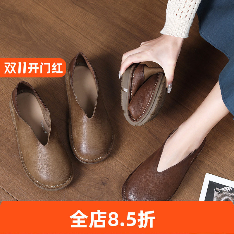 森女系手工真皮平底女鞋2026春季新款复古禅意棉麻风软底休闲单鞋