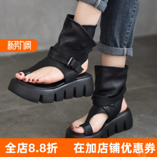 女 厚底坡跟高帮露趾罗马凉鞋 头层牛皮套趾凉靴子女2026夏季 新款
