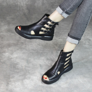 2023夏季新款真皮镂空短靴平底高帮罗马凉鞋欧洲站时尚鱼嘴女凉靴