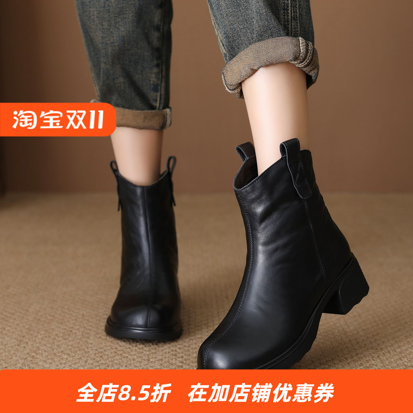 头层牛皮马丁靴女2025冬季新款复古百搭短靴子保暖绒里粗跟女靴