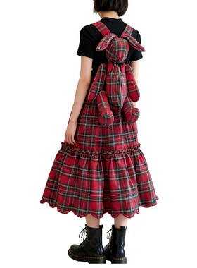 2026春款可拆卸英伦格子风复古女装不规则背带连衣裙小熊公仔背包