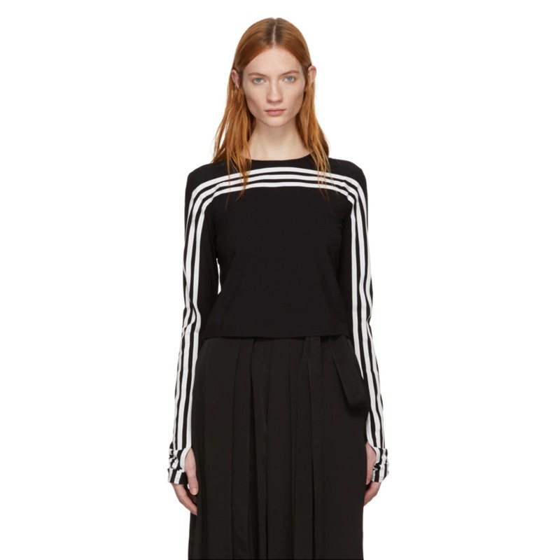 定制2023小众暗黑女装 运动款连袖套时髦欧美街拍达人条纹长袖T恤