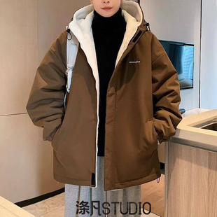 秋冬季 潮牌加绒加厚冲锋衣棉袄休闲棉服 双面穿羊羔绒棉衣外套男士