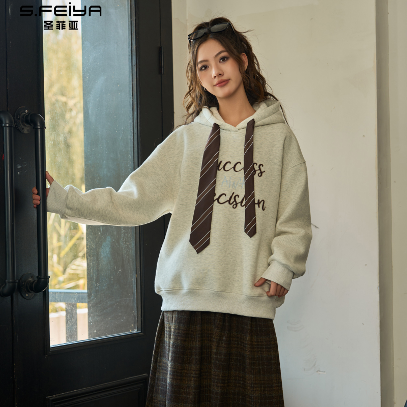 圣菲亚2025冬季新款加绒连帽卫衣