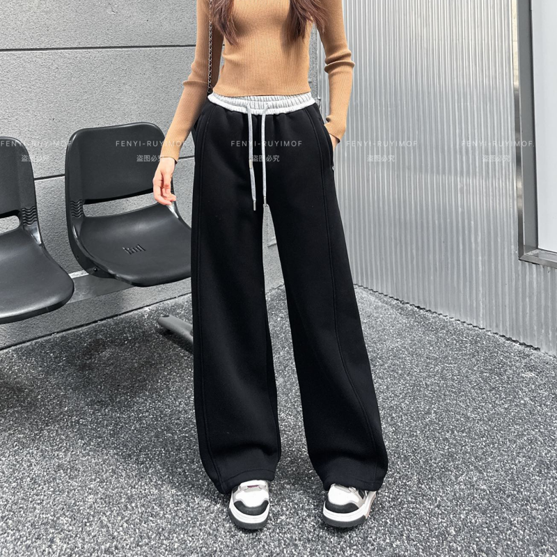丰翼2025冬季新款青少年女生加绒加厚休闲针织裤宽松直筒阔腿长裤