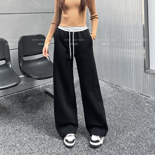 丰翼2025冬季新款青少年女生加绒加厚休闲针织裤宽松直筒阔腿长裤