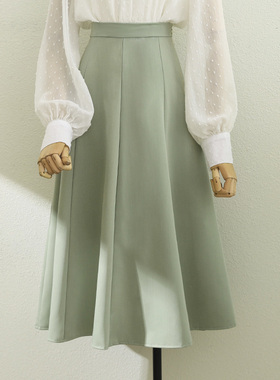 春季2026秋装绿色高腰垂感A字大摆裙遮胯中长款职业西装半身0115k