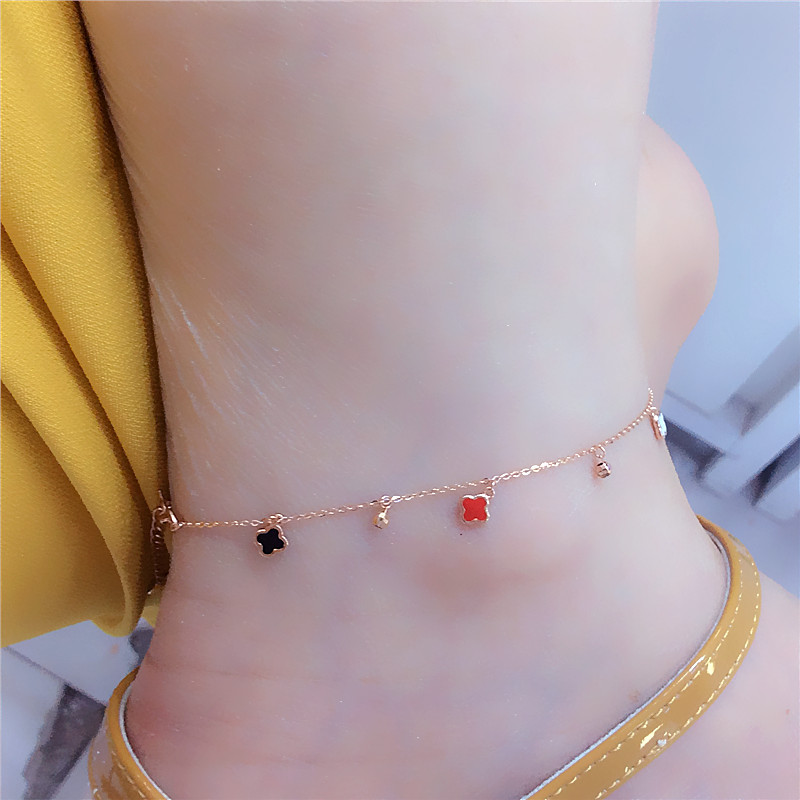 太太珠宝店纯 585紫金14k玫瑰金韩版新款女士四叶草铃铛脚链