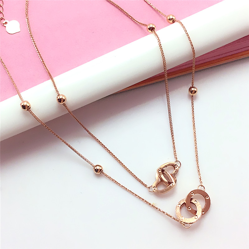 太太珠宝585紫金双环爱心珠珠手链时尚气质14K玫瑰金百搭手链