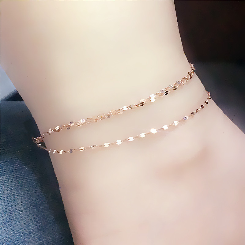 14K玫瑰金素金粗吻脚链