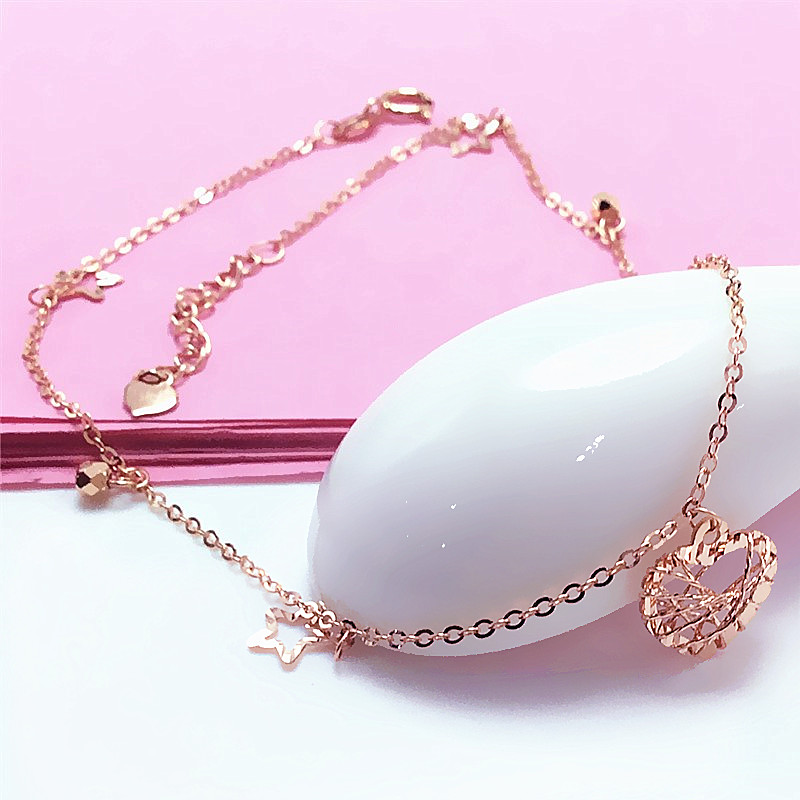 14K玫瑰金拉丝桃心星星脚链