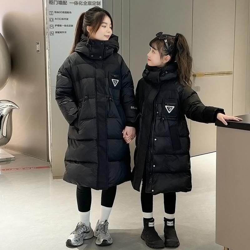 亲子装2024新款女童加长款棉衣收腰修身过膝大童棉服儿童冬装棉袄