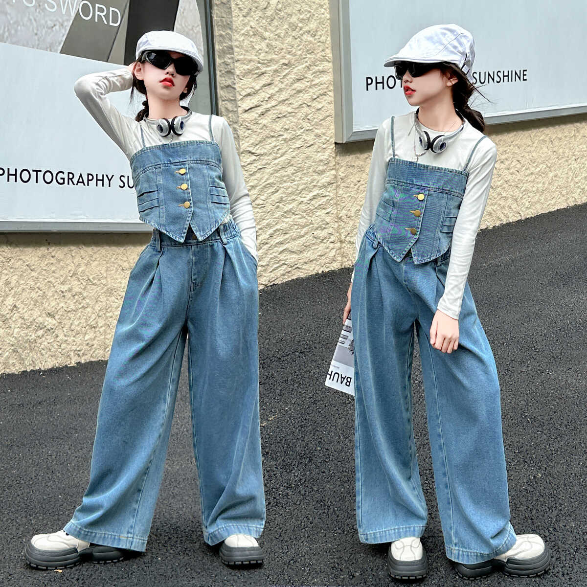 网红炸街三件套牛仔阔腿裤秋季2025新款设计感气质显女童套装春秋